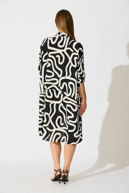London Midi Smock Dress in Black and White Geometric Print