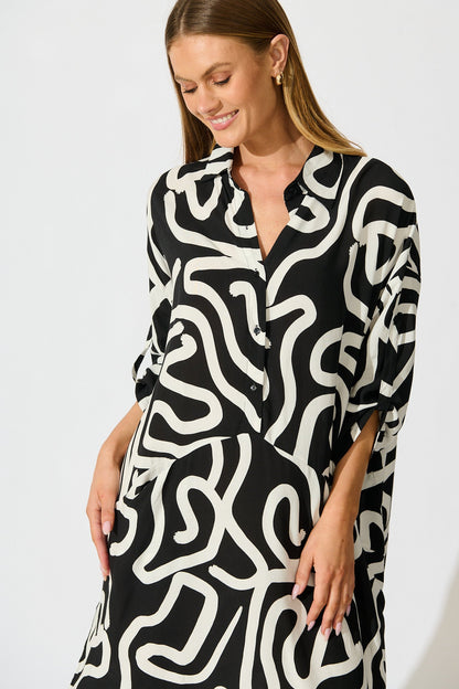 London Midi Smock Dress in Black and White Geometric Print