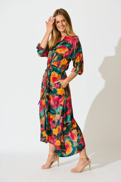 Neroli Midi Shirt Dress in Multi Watercolour Print