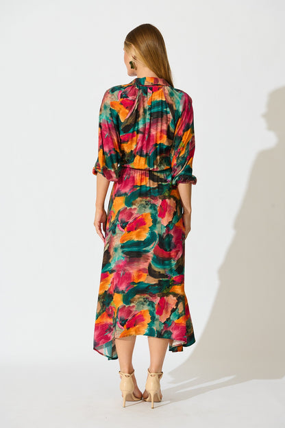 Neroli Midi Shirt Dress in Multi Watercolour Print