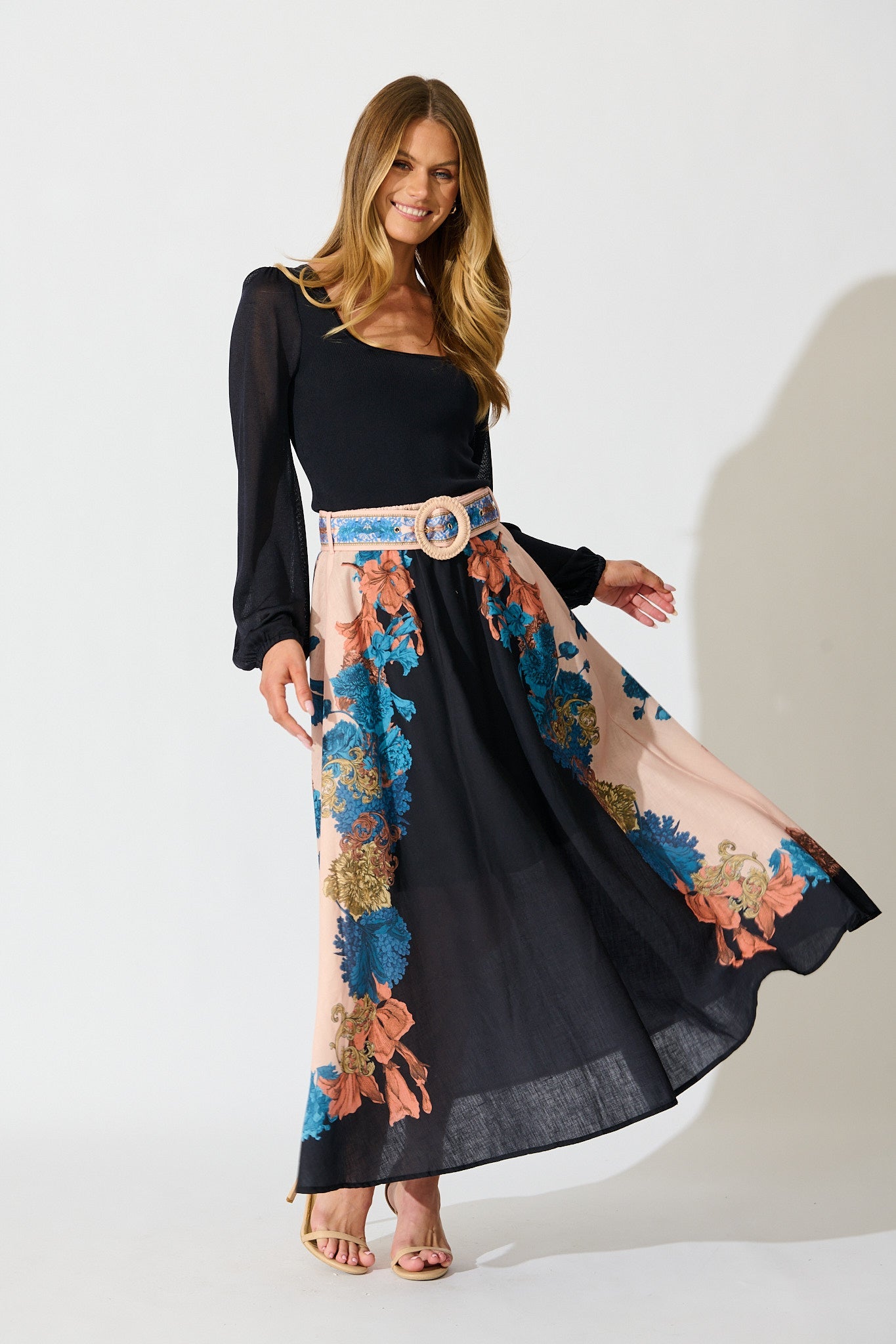 Floral Muse Maxi Skirt in Black Multi Floral Linen Blend