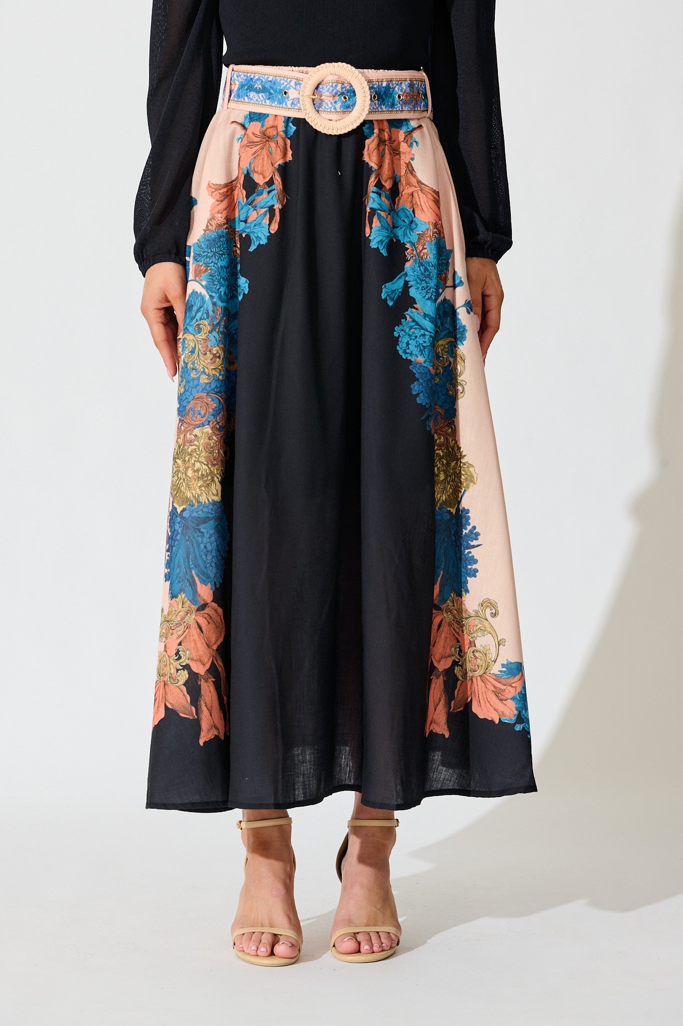 Floral Muse Maxi Skirt in Black Multi Floral Linen Blend