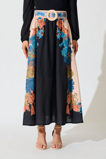 Floral Muse Maxi Skirt in Black Multi Floral Linen Blend