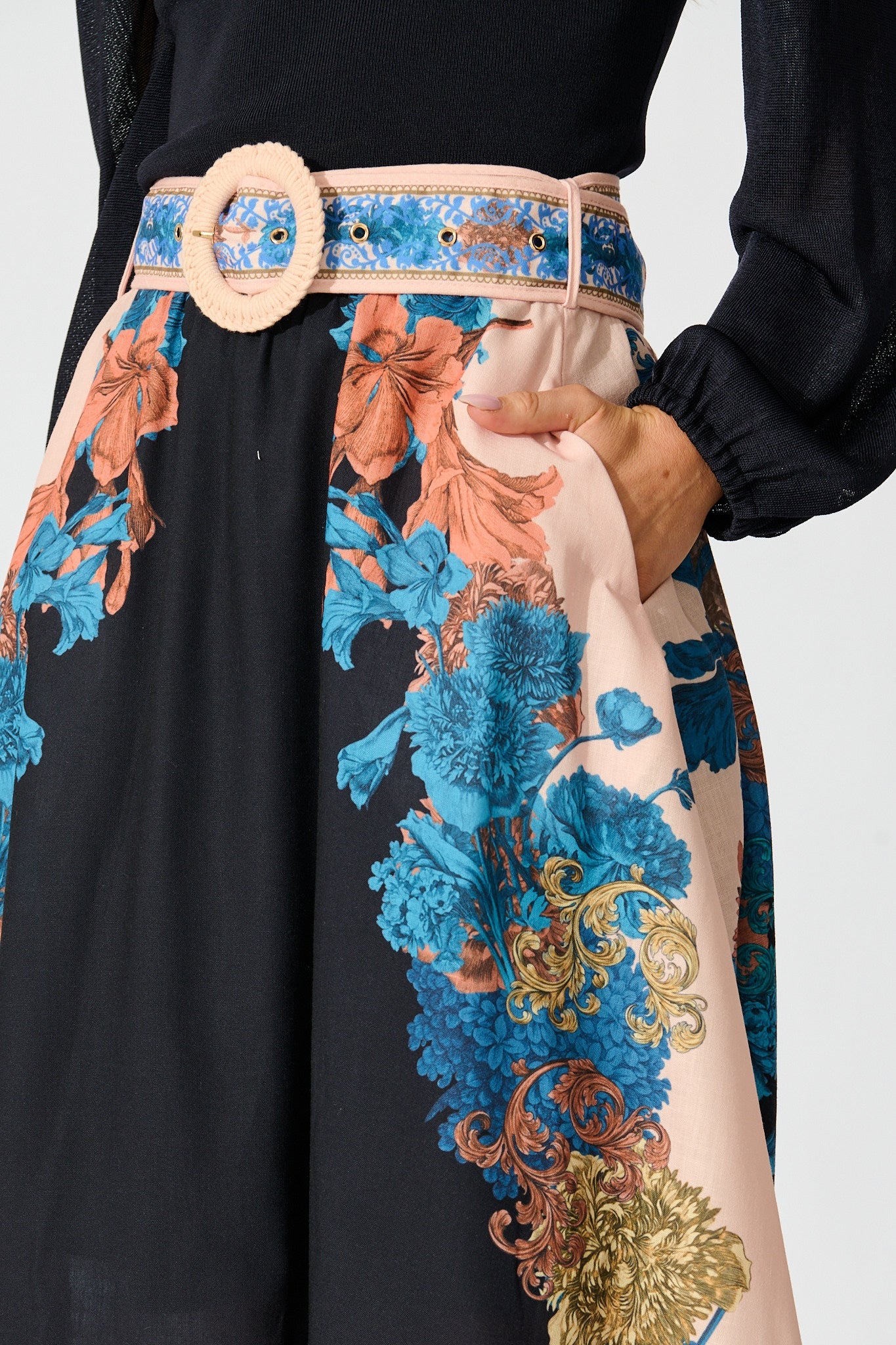 Floral Muse Maxi Skirt in Black Multi Floral Linen Blend