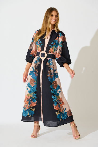 Botanical Bliss Maxi Shirt Dress in Black Multi Floral Linen Blend