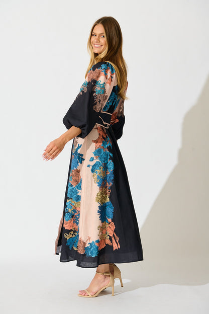 Botanical Bliss Maxi Shirt Dress in Black Multi Floral Linen Blend