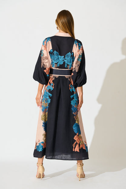 Botanical Bliss Maxi Shirt Dress in Black Multi Floral Linen Blend