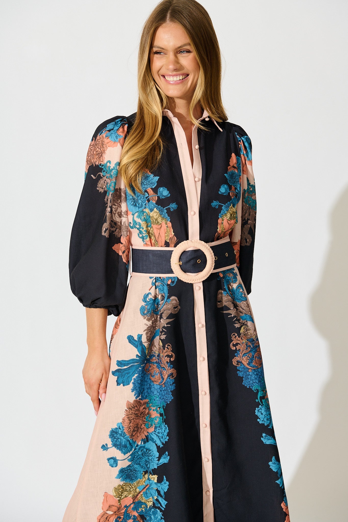 Botanical Bliss Maxi Shirt Dress in Black Multi Floral Linen Blend
