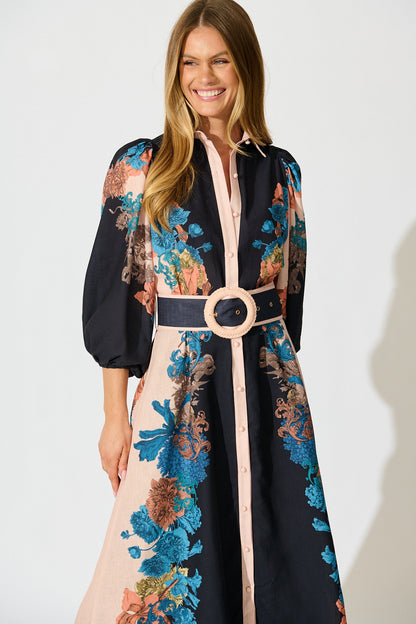 Botanical Bliss Maxi Shirt Dress in Black Multi Floral Linen Blend
