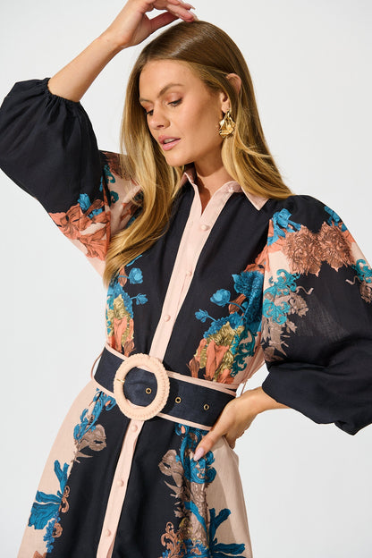 Botanical Bliss Maxi Shirt Dress in Black Multi Floral Linen Blend