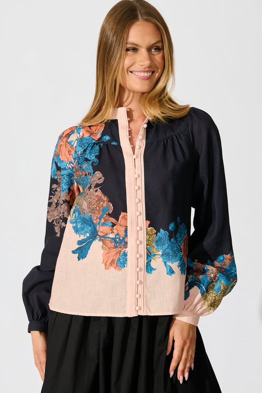 Secret Bloom Blouse Top in Black Multi Floral Linen Blend