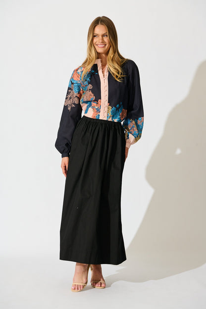Secret Bloom Blouse Top in Black Multi Floral Linen Blend