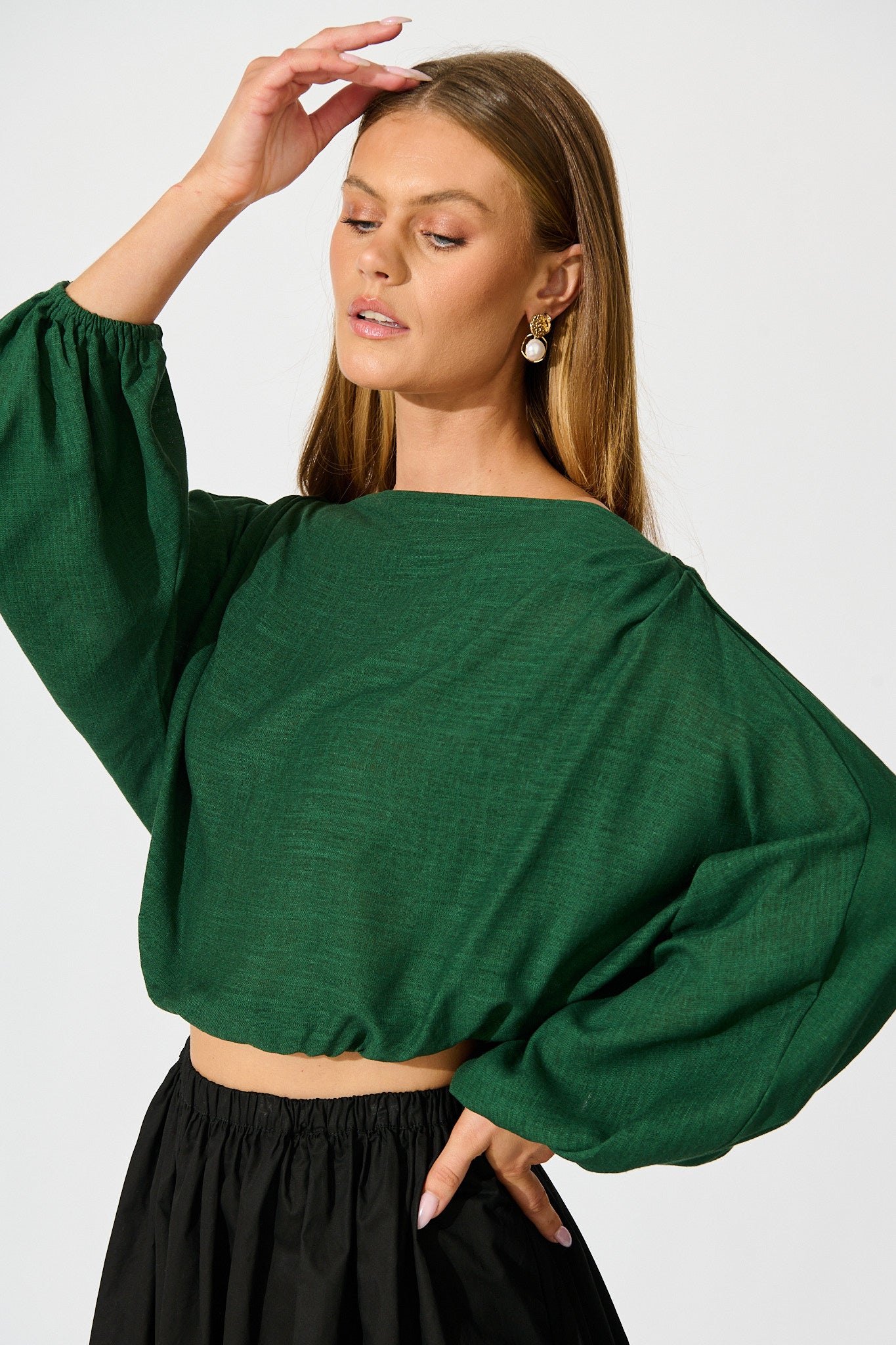 Zita Off Shoulder Top in Emerald Cotton Linen