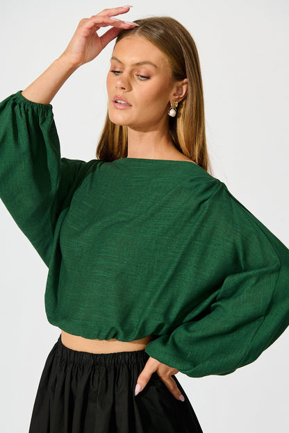 Zita Off Shoulder Top in Emerald Cotton Linen