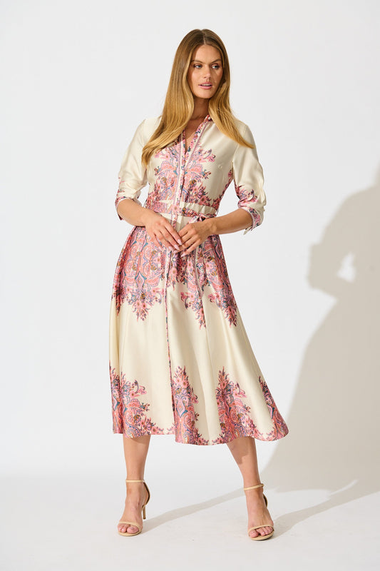 Alvana Midi Shirt Dress in Cream and Pink Print Satin