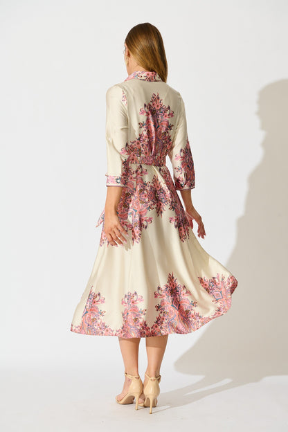 Alvana Midi Shirt Dress in Cream and Pink Print Satin