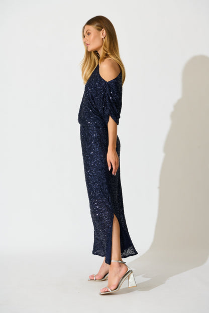 Amiri Off Shoulder Maxi Dress in Navy Sequin