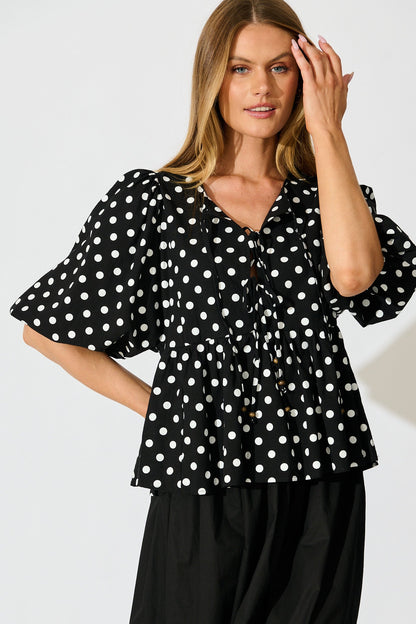In the Spotlight Tie Front Top in Black with White Polka Dot