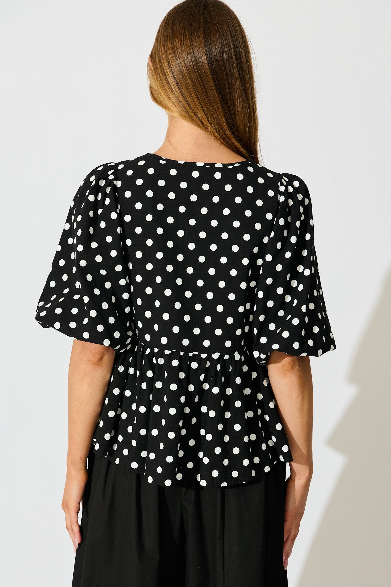 In the Spotlight Tie Front Top in Black with White Polka Dot