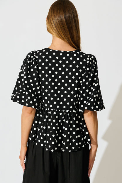In the Spotlight Tie Front Top in Black with White Polka Dot