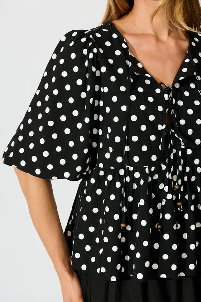 In the Spotlight Tie Front Top in Black with White Polka Dot