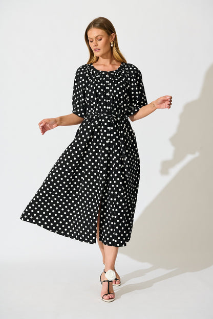 Parisian Dot Midi Dress in Black with White Polka Dot