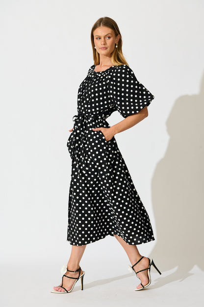 Parisian Dot Midi Dress in Black with White Polka Dot