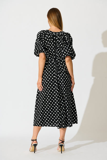 Parisian Dot Midi Dress in Black with White Polka Dot