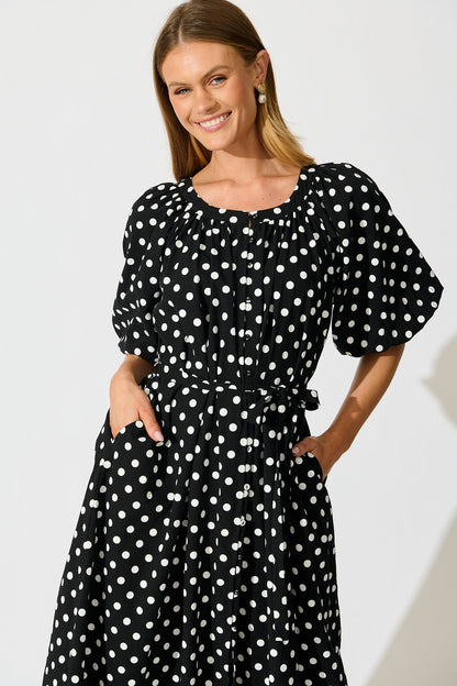 Parisian Dot Midi Dress in Black with White Polka Dot