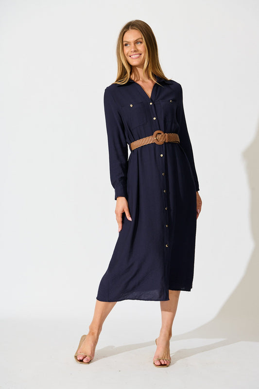 Caravelle Midi Shirt Dress in Navy with Belt
