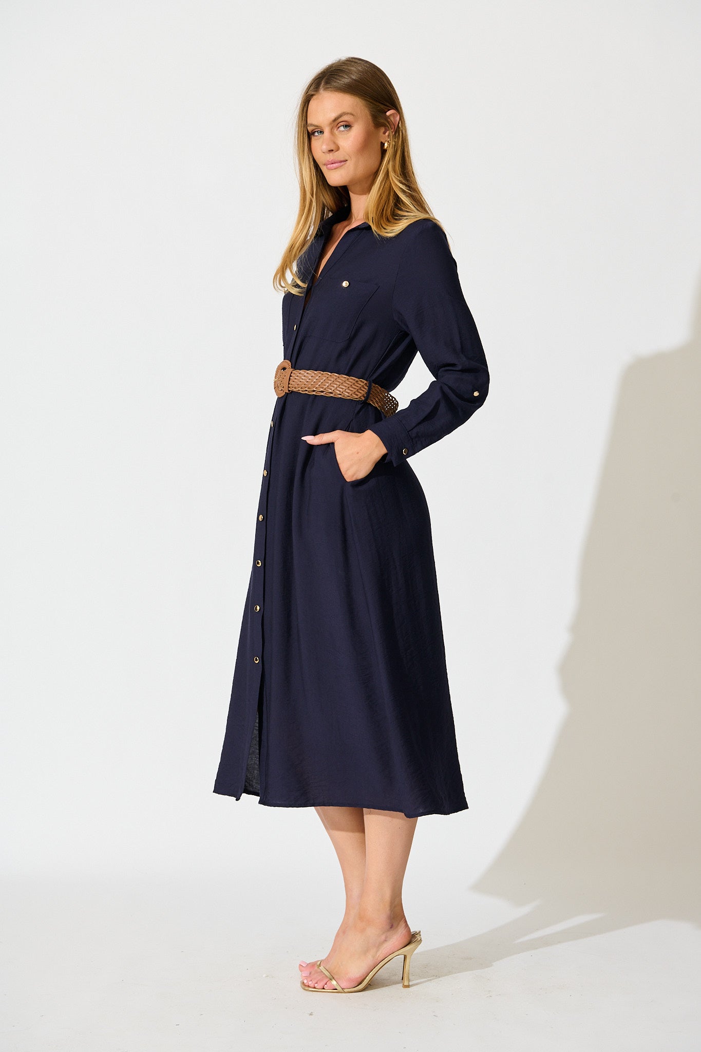Caravelle Midi Shirt Dress in Navy with Belt