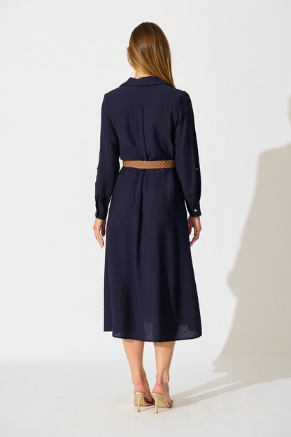 Caravelle Midi Shirt Dress in Navy with Belt