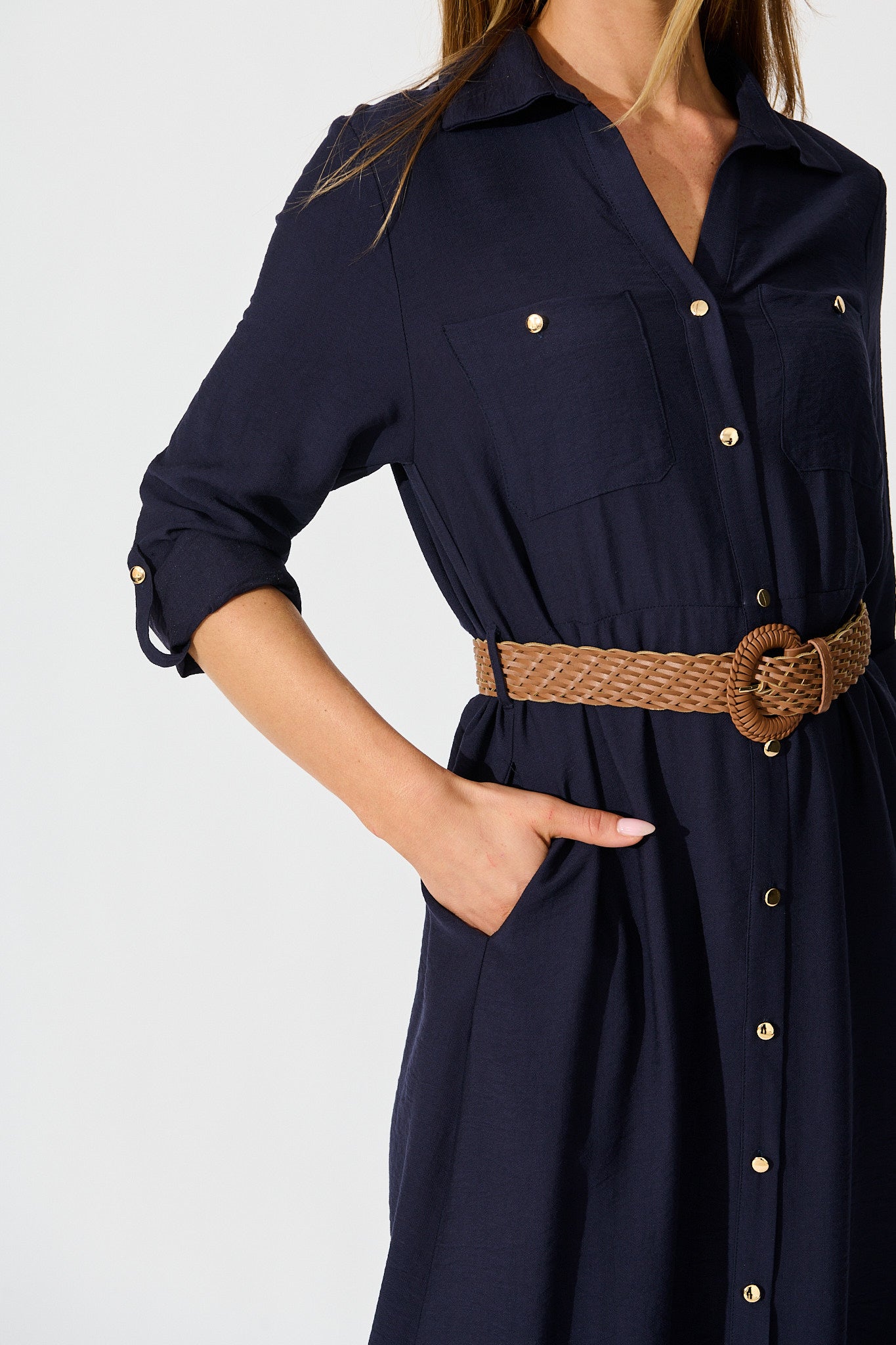 Caravelle Midi Shirt Dress in Navy with Belt