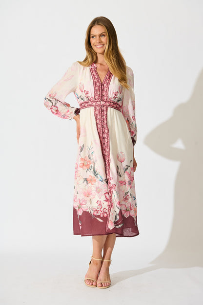 Cabernet Bloom Midi Dress in Wine Floral Linen Blend