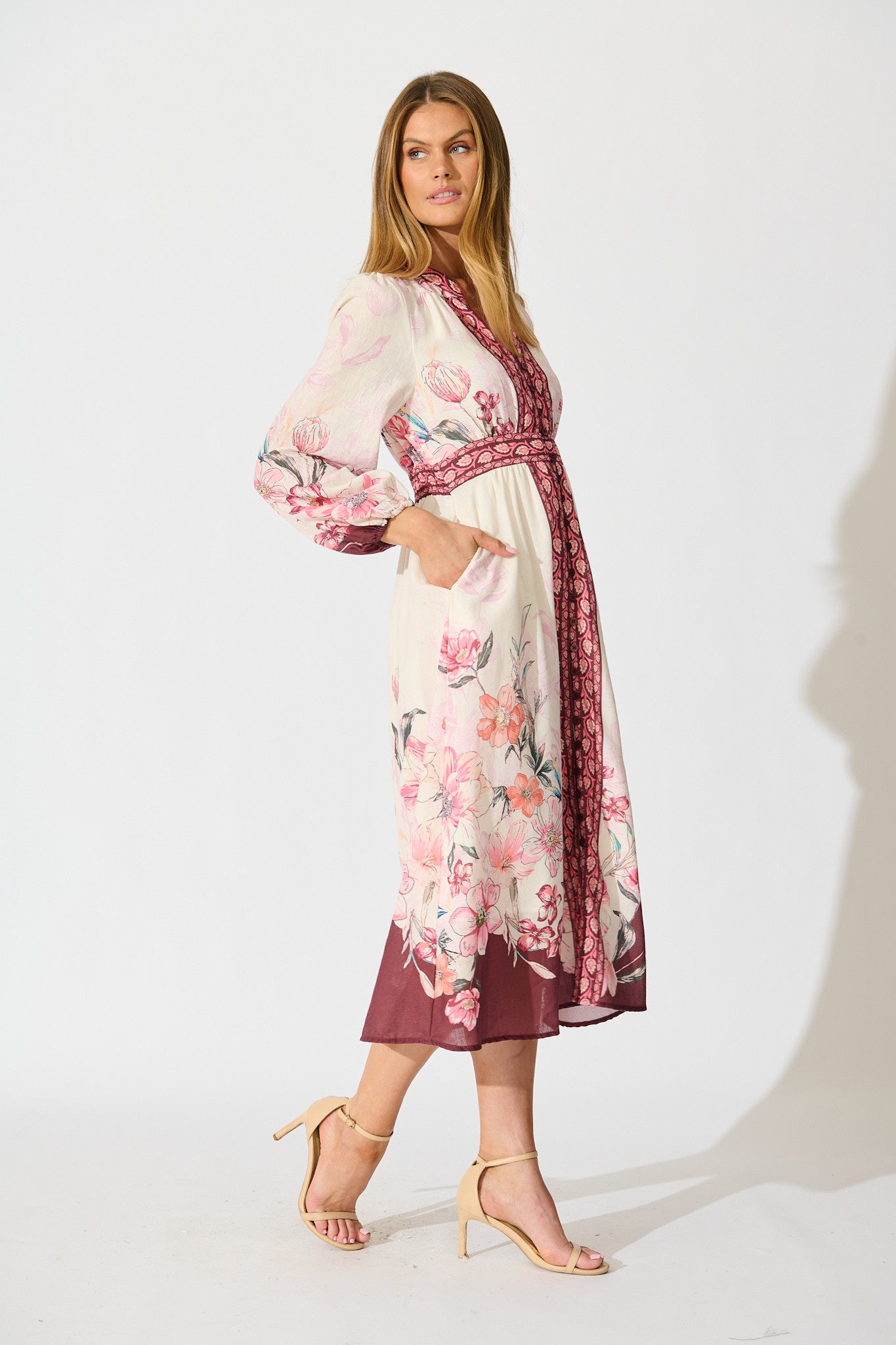 Cabernet Bloom Midi Dress in Wine Floral Linen Blend