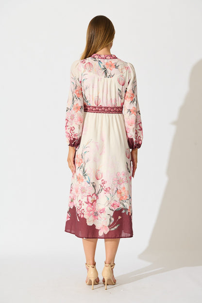 Cabernet Bloom Midi Dress in Wine Floral Linen Blend