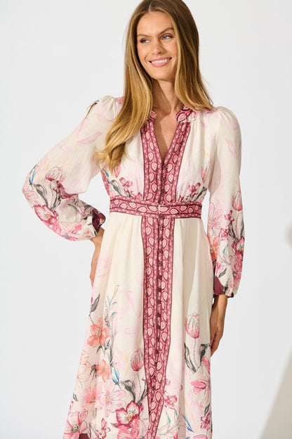 Cabernet Bloom Midi Dress in Wine Floral Linen Blend