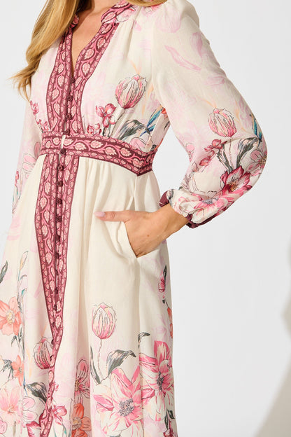 Cabernet Bloom Midi Dress in Wine Floral Linen Blend