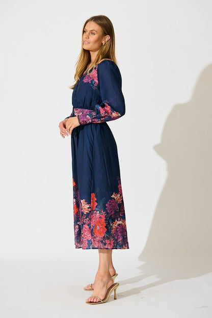 Orchid Trace Midi Dress in Navy Floral Cotton Blend