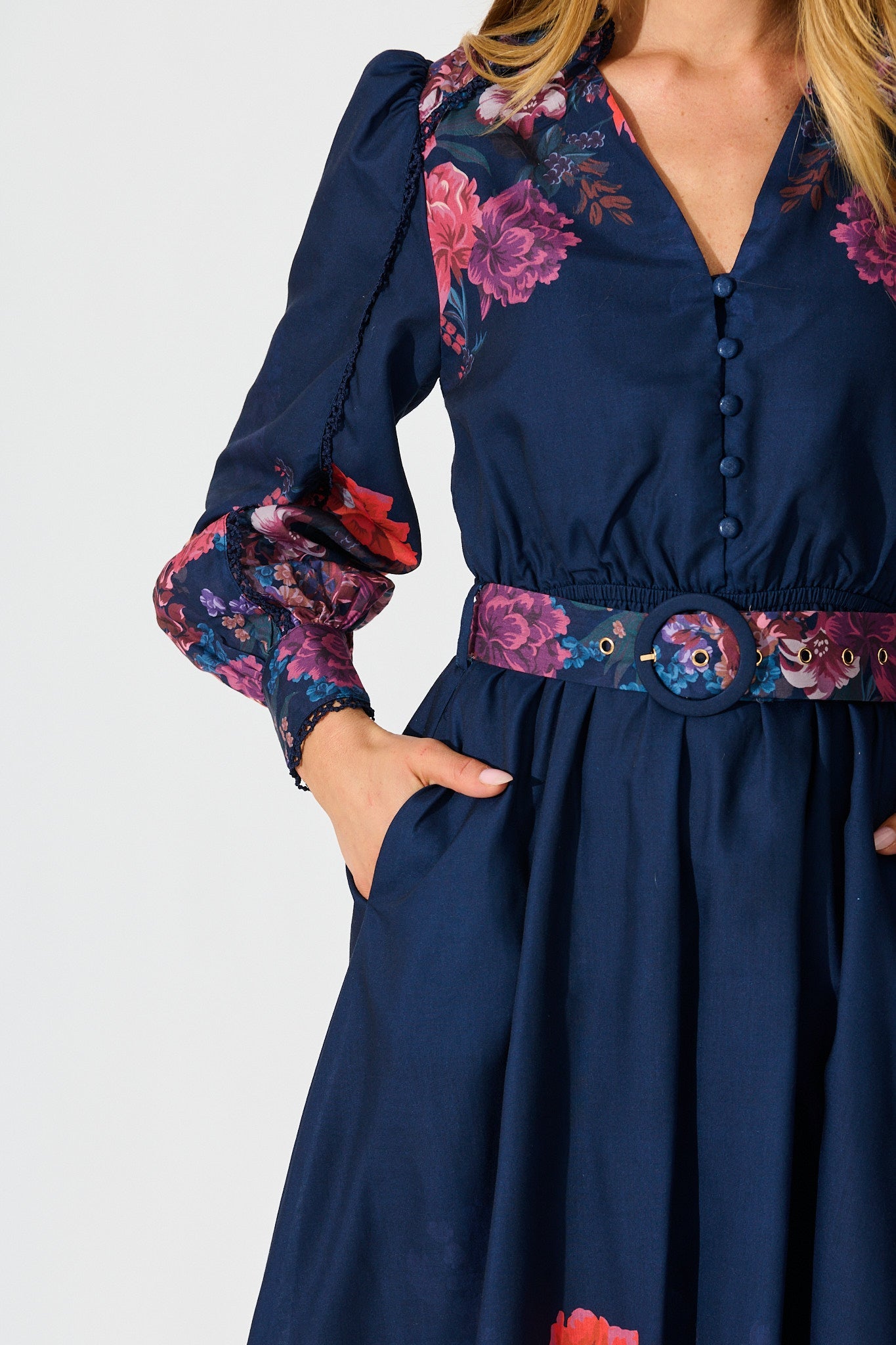 Orchid Trace Midi Dress in Navy Floral Cotton Blend