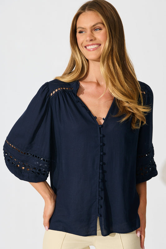 Cascades Top in Navy Linen Blend