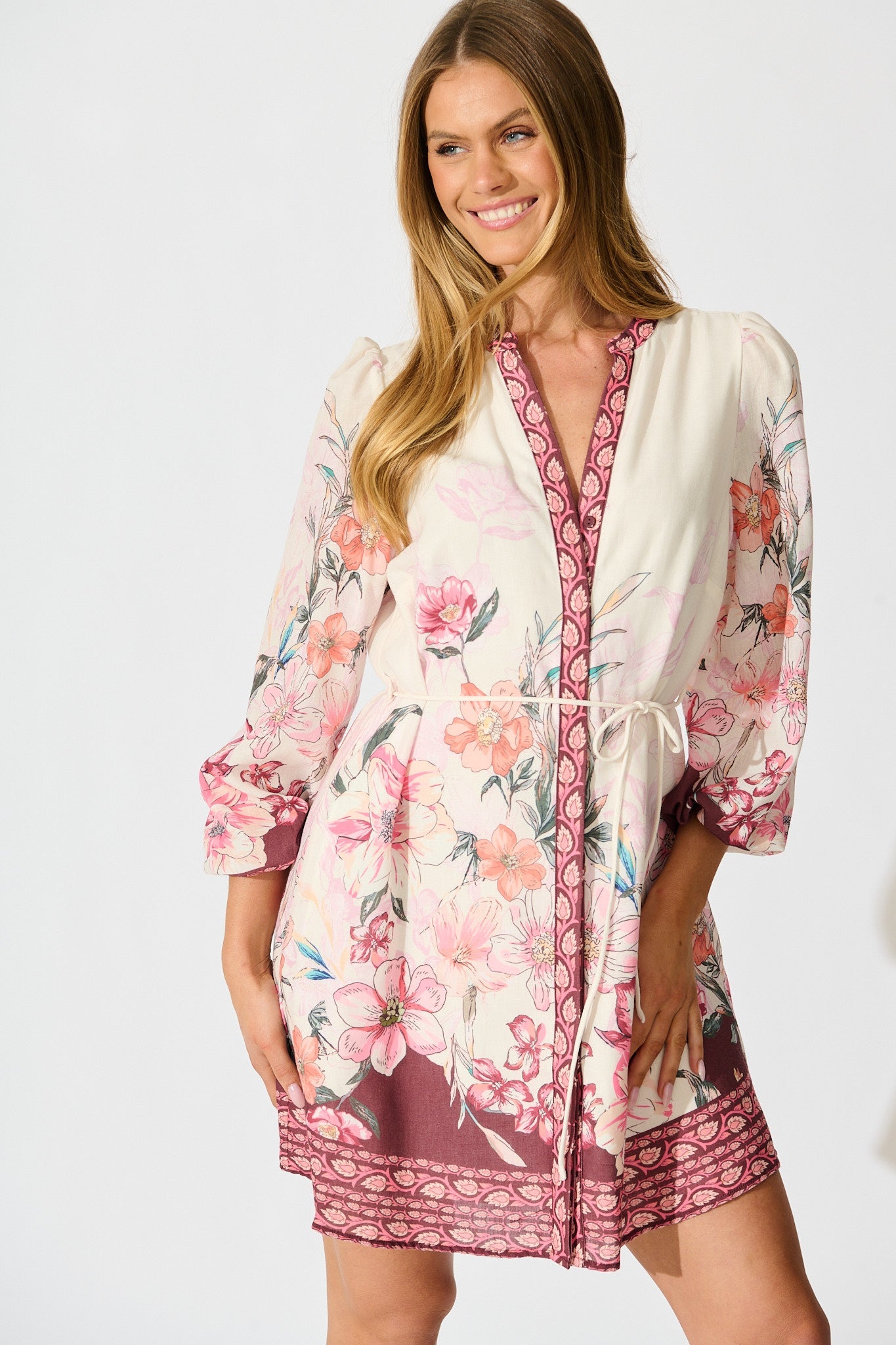 Dusky Flora Dress in Wine Floral Linen Blend