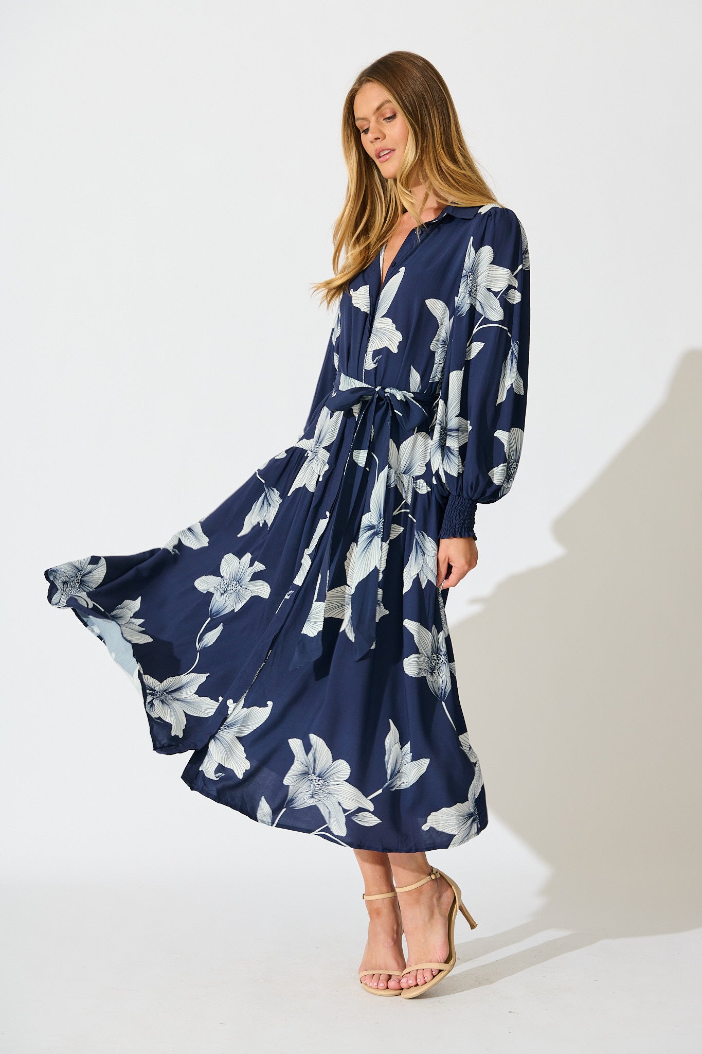 Eden Mist Midi Shirt Dress in Navy with White Floral Print