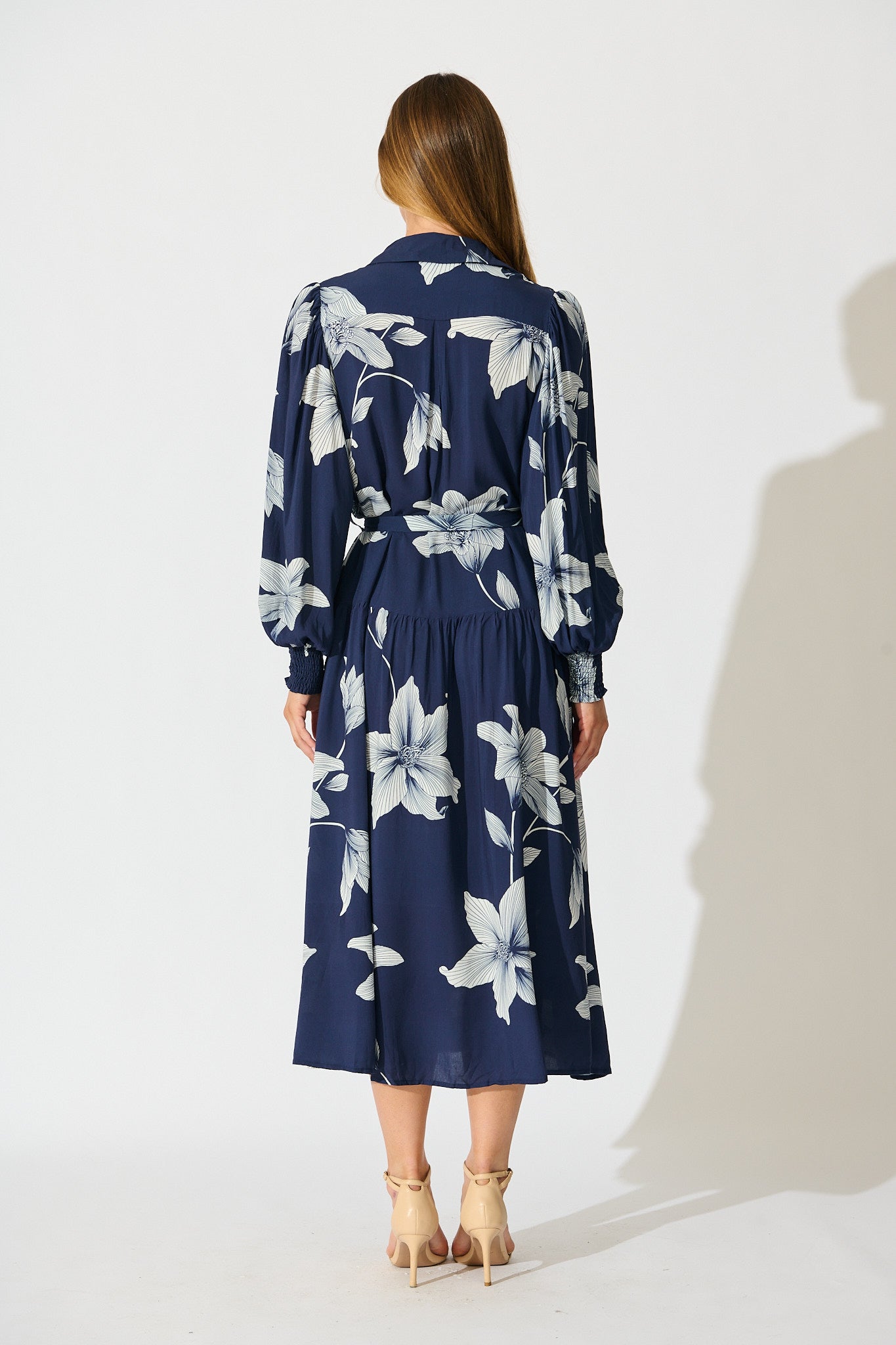 Eden Mist Midi Shirt Dress in Navy with White Floral Print