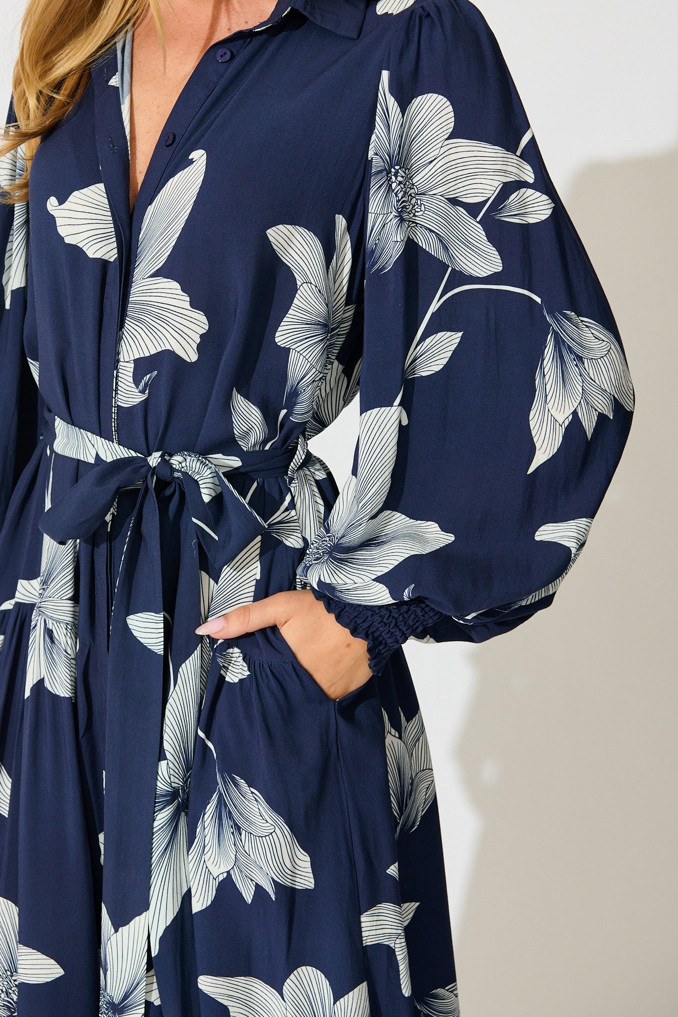 Eden Mist Midi Shirt Dress in Navy with White Floral Print