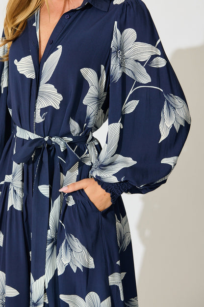 Eden Mist Midi Shirt Dress in Navy with White Floral Print