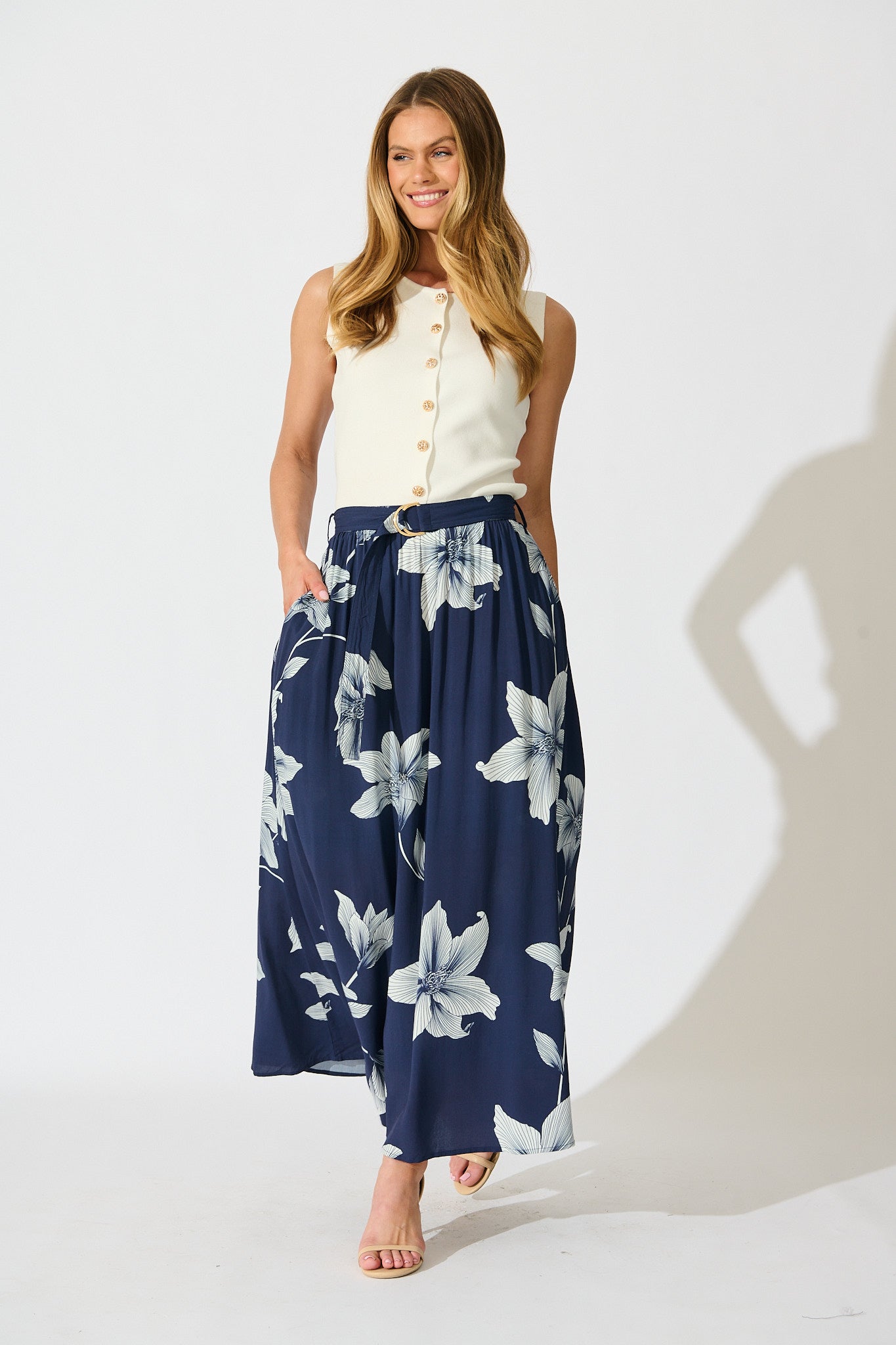 Tyra Maxi Skirt in Navy with White Floral Print