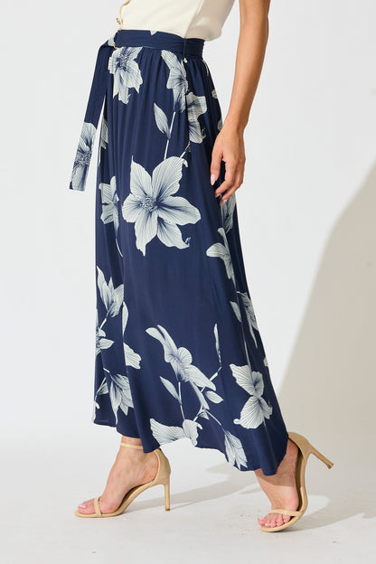 Tyra Maxi Skirt in Navy with White Floral Print
