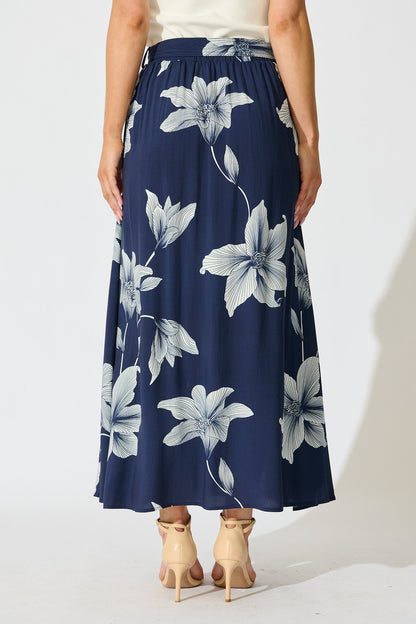 Tyra Maxi Skirt in Navy with White Floral Print