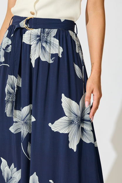 Tyra Maxi Skirt in Navy with White Floral Print